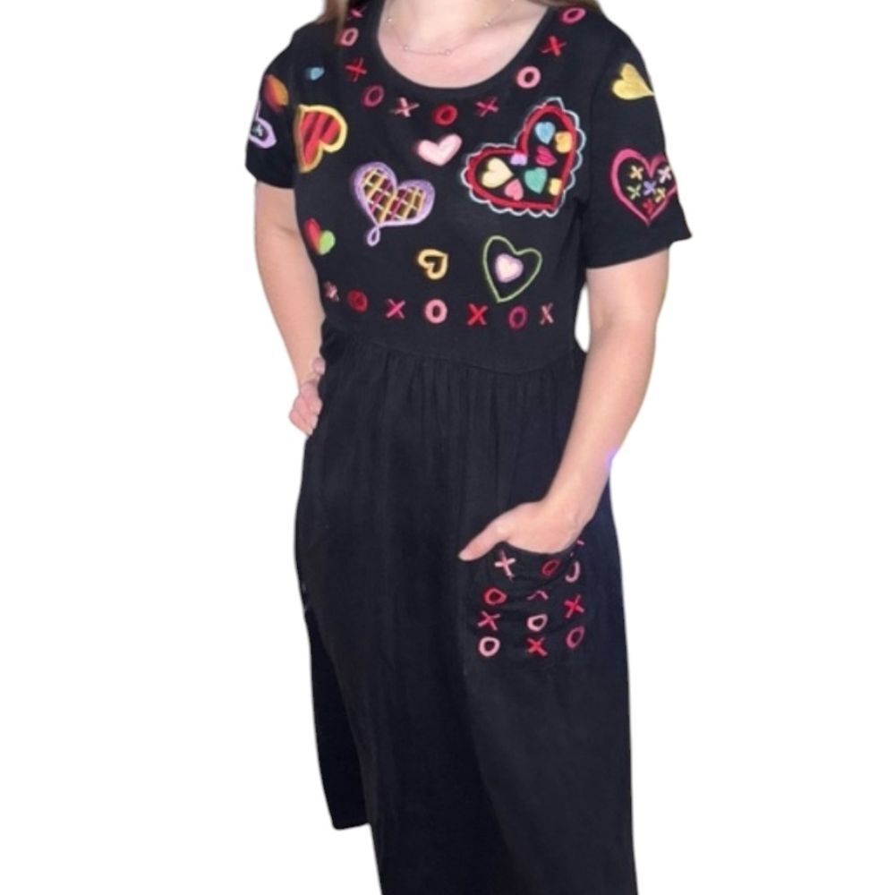Vintage Michael Simon Hearts Embroidered Midi Dress Black Cotton With Pocket